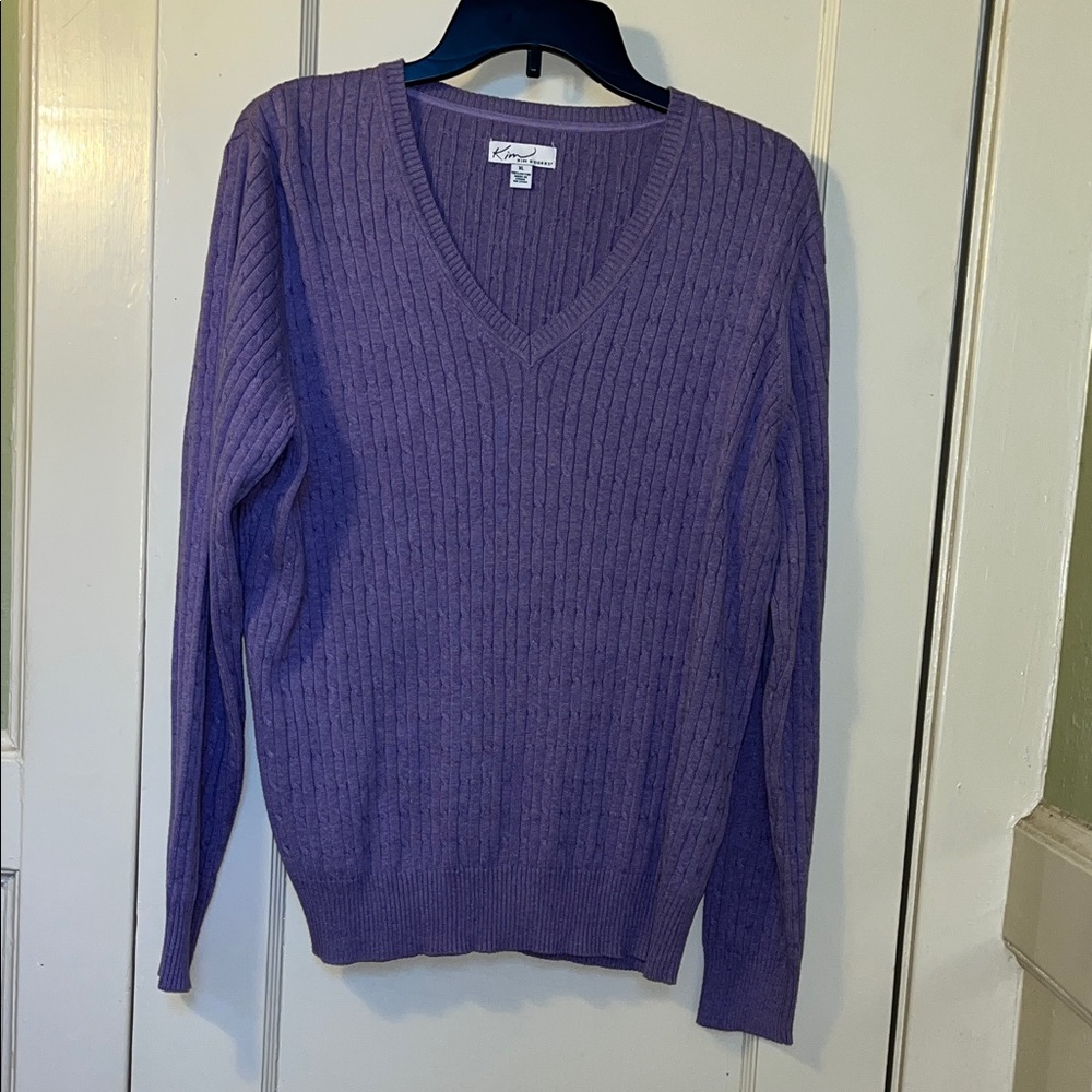 Kim Rogers Purple V-Neck Cable Knit Sweater